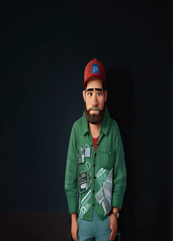 menino moreno com cabelos cacheados, in a red backwards cap and green blouse with pockets. olhar fixo para frente, olhos castanhos, cavanhaque e bigode discretos e sobrancelhas grossas. Hands are in shirt pockets. modelo pixar