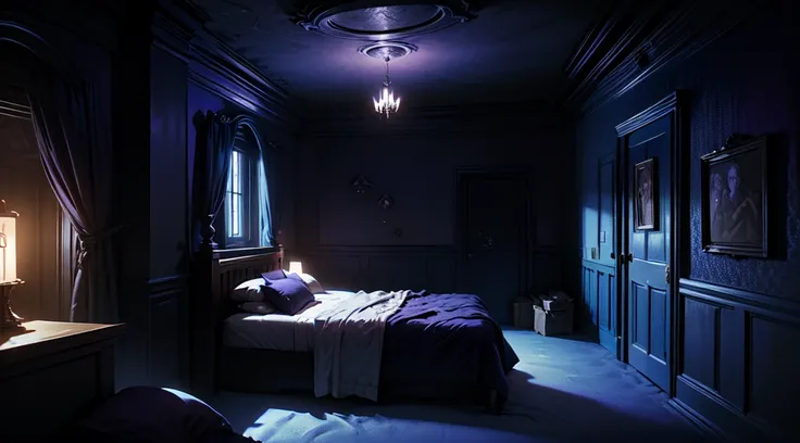 background, concept art, (dark fantasy:1.4), illustration, (((bedroom:1.3))), (purple and blue theme:1.3), (interior:1.2), (drow dweling, dark elf quarters), inside, underdark, cinematic lighting,(dim light), (DND:1.8), underground, dimly lit, (high qualit...