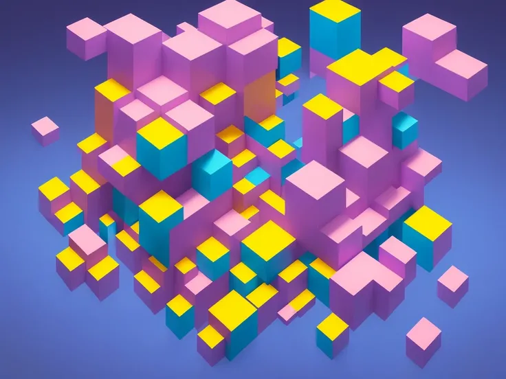 A mind-bending M.C. Escher style image depicting a vast expanse of space, where vibrant pink, blue, and yellow square boxes defy gravity and stack upon each other like towering structures. This mesmerizing 3D artwork captivates the viewer with its high qua...