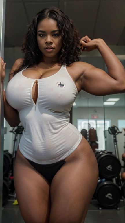 Jovem mulher com seios enorme, vestindo roupa esportiva, Sentada em um banco, ((ebony skin)), corpo fitness, bela garota,  Slim body, cabelo grande, Mulher baixa, coxas grandes, asian face, curly hair size, corpo tonificado, dark girl,