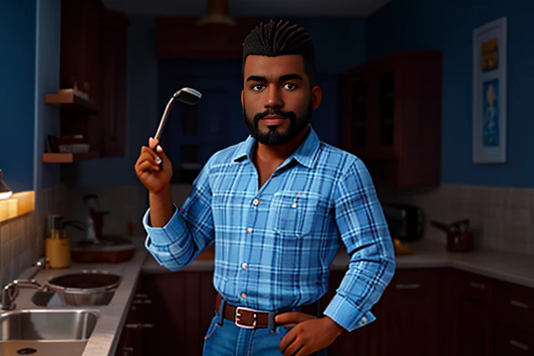 There is a dark-skinned man who is posing for a photo in a blue plaid shirt, jovem de cabelos cacheados, cachos 4a, olhar atento e fixo para a frente, pose lateral barba discreta, baixa e bigode discreto e baixo, thick lips, um jovem masculino, moreno . re...