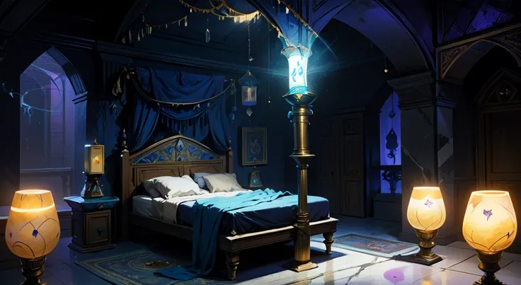 (dark fantasy:1.4), background, concept art, illustration, ((bedroom:1.3)), (((magic lamps:1.4), blue lamps:1.4)), (no windows), ((underground dweling)), ((marble:1.6), stones) (architecture and decoration), (purple and blue theme:1.3), (interior:1.2), (dr...