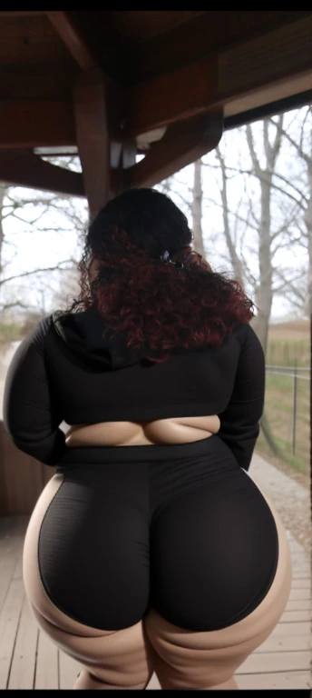 there are two people standing under a shelter talking to each other, photo still of behind view, shot from the back, view from the back, seen from the back, back of the hair, from the back, wearing a black hoodie, with curly red hair, facing away from came...