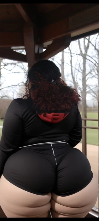 there are two people standing under a shelter talking to each other, photo still of behind view, shot from the back, view from the back, seen from the back, back of the hair, from the back, wearing a black hoodie, with curly red hair, facing away from came...