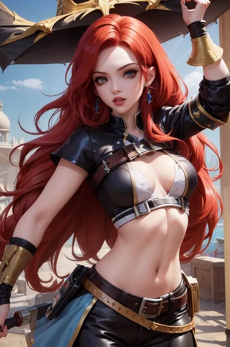 Miss fortune, league of legends, ropa pirata, mojada, pelirroja, pecas, buen cuerpo, (La mejor calidad), (Obra maestra), (Detallado)