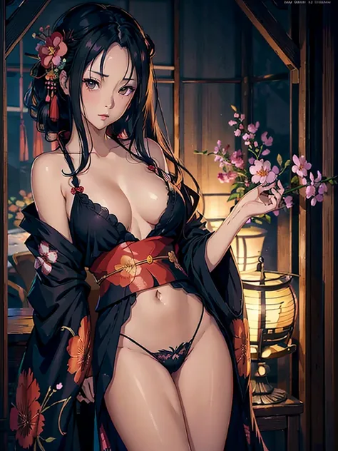 arafed woman in a kimono with flowers on her head, beautiful digital artwork,  artwork in the style of guweiz, photorealistic anime girl render, smooth anime cg art, beautiful anime portrait Open Blouse Kimonos, Partial breasts exposed, Black Pubic Hair, O...