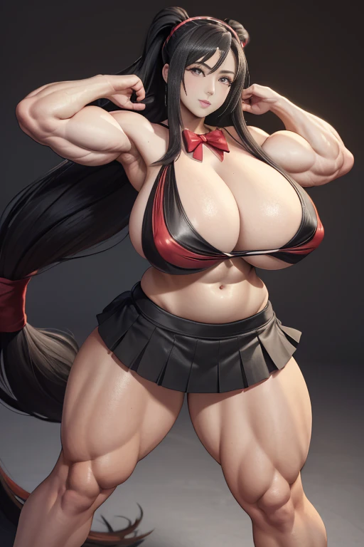 Best quality,8K,ultra high res:1.5),(Pretty very very long ponytail hair tied with red ribbon girl),(Huge breasts:1.20),(very voluptuous body),(very voluptuous thigh),(body builder girl:1.5),(wide muscle:1.8),(light smile),(eyes to camera),(light black hai...