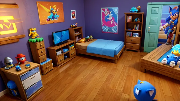 an old bedroom, nostalgic, with game references scattered and organized around the room, koopas, zelda sword, pokemon, borderlands, palworld, overwatch, dark souls mimic, sonic