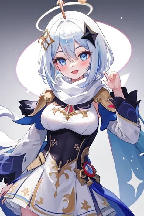 best quality, masterpiece, highres, solo, {paimon_genshin:1.15}, white_hair, halo, hair_ornament, blue_eyes, hair_between_eyes, short_hair, bangs, open_mouth, blush, smile, cape, 1girl, dress, long_sleeves, looking_at_viewer, scarf, white_dress, (big tits)