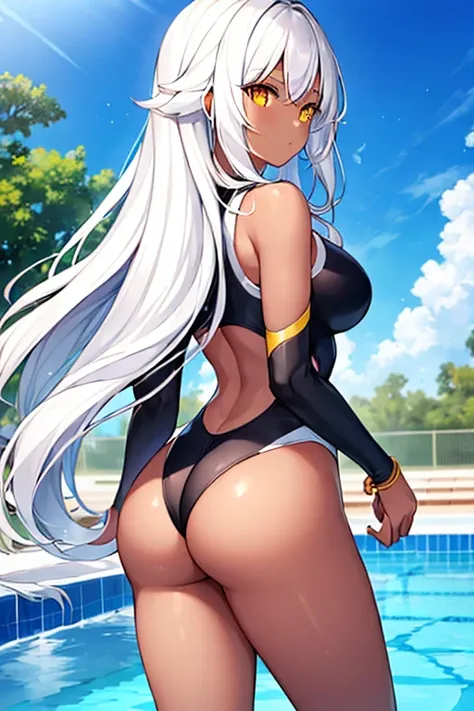 1girl, white hair, long hair, dark skin, dark-skinned female, large breasts, one-piece swimsuit, competition swimsuit, black swimsuit, ass, from behind, long sleeves, pool, poolside, yellow eyes, white trim, full body