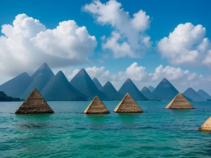 Three pyramids in the sea, surreal image, fantasy, individually different colors, clear sky, high image quality