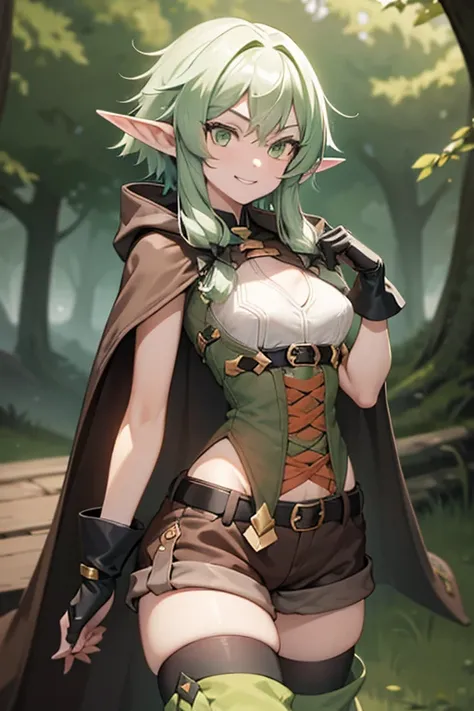 masterpiece, best quality, highres, 1girl, elf, pointy ears, green hair, long hair, green eyes, hair bow, black gloves, brown shorts, sidelocks, cloak, green thighhighs, short shorts, belt, medium breasts, cowboy shot, standing, smile, raised eyebrows