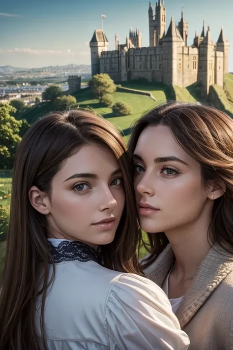 beautiful british womens, detailed face, soft lesbians, distant view background in castle