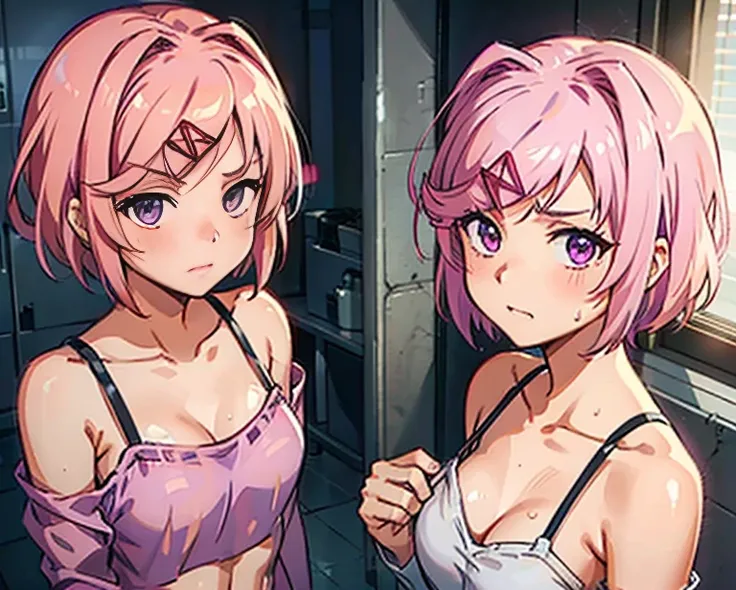 (ddlcnatsuki, fang, hair ornament, pink hair, (purple eyes:1.1), short hair, short sidetail, swept bangs, x hair ornament), standing in bedroom getting dressed, wearing an oversized shirt with only one sleeve, bra underneath shirt with one brastrap visible...