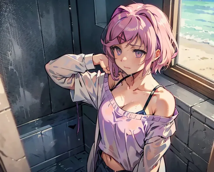 (ddlcnatsuki, fang, hair ornament, pink hair, (purple eyes:1.1), short hair, thin strands of hair, x hair ornament), standing in...