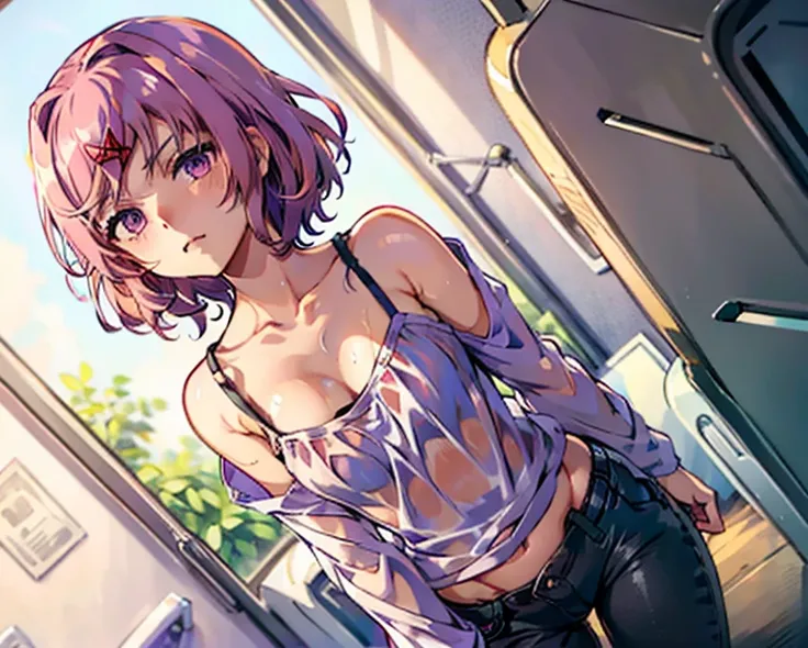 (ddlcnatsuki, fang, hair ornament, pink hair, (purple eyes:1.1), short hair, thin strands of hair, x hair ornament), standing in bedroom, getting dressed, white t-shirt, wearing an oversized shirt, shirt is stretched over one shoulder, bra underneath shirt...