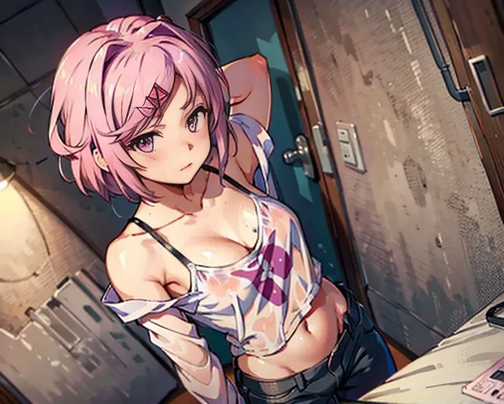 (ddlcnatsuki, fang, hair ornament, pink hair, (purple eyes:1.1), short hair, thin strands of hair, x hair ornament), standing in bedroom, getting dressed, white t-shirt, wearing an oversized shirt, shirt is stretched over one shoulder, bra underneath shirt...