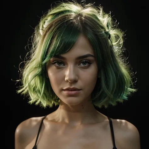 SAME GIRL, SAME FACE, GREEN HAIR, model photo shoot, black background, gala show