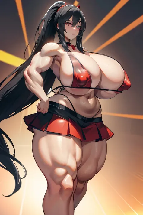 Best quality,8K,ultra high res:1.5),(Pretty very very long ponytail hair tied with red ribbon girl),(Huge breasts:1.20),(very voluptuous body),(very voluptuous thigh),(body builder girl:1.5),(wide muscle:1.8),(light smile),(eyes to camera),(light black hai...