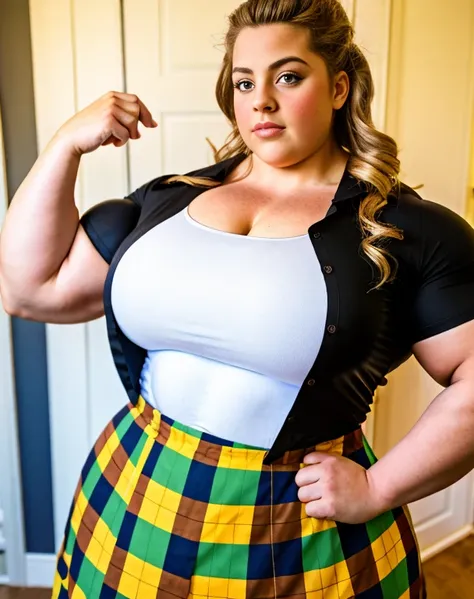 A large thick girl ,   wide hips, wide waist,  wide shoulders,  large torso ,  muscular biceps ,  Generate a full length  portrait of an overweight fat 12 year old Charlotte Church, huge muscular pecs A heavily muscled iffb pro female bodybuilder,  latex J...