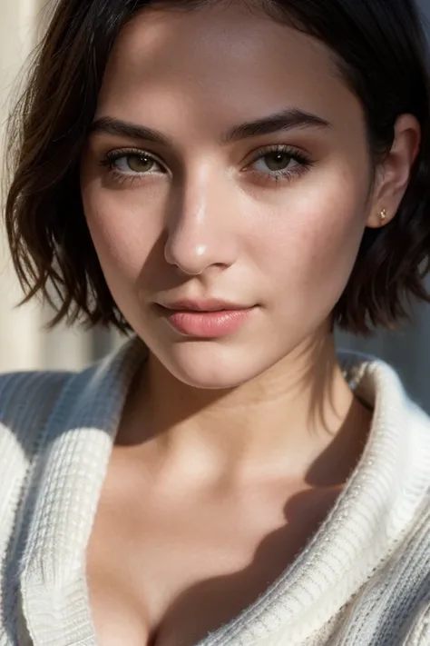 instagram photo, 21yo french woman, short hair, black hair, closeup portrait, sweater, cleavage, pale, hard shadows 8K UHD, high color depth, Nikon D 850, Kodak Portra 400, Fujifilm XT