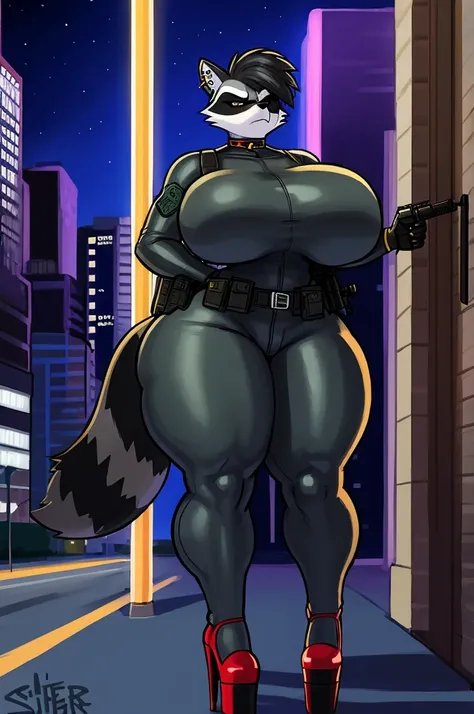 by sligarthetiger, by sssonic2, (large breasts), (wide hips), (thick thighs), (big butt), furry, anthro, raccoon, high heels, best quality, illustration, tail, white inner ear, angry, choker, new york city, platform heels, grey body, piercings, spy suit, s...