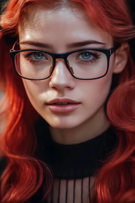 8k, RAW Photo, Photorealistic: 1.25), (Lip Gloss, Eyelashes, Glossy Face, Glossy Skin, Best Quality, Ultra High Resolution, Depth of Field, Chromatic Aberration, Caustics, Moisturized Lips, Ultra-Trimmed Face, Radiant Detailed Eyes, Red Hair, Semi-Long, Fa...