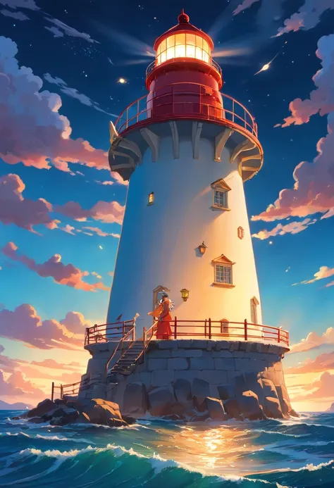 Lighthouse Puzzle, Insanely detailed hyper-realistic surrounded by glowing luminescent particles, highly detailed, style of J.C. Leyendecker, ilya Kuvshinov