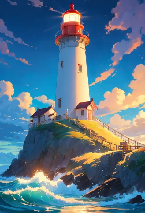 Lighthouse Puzzle, Insanely detailed hyper-realistic surrounded by glowing luminescent particles, highly detailed, style of J.C. Leyendecker, ilya Kuvshinov