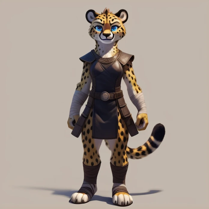 teen cheetah, solo, female focus, blue eyes, black ears, tight black viking clothes, bandage on ankle, small feet, (smile), full body, standing, (soft shading), 4k, detailed face, detailed eyes, detailed, concept art style, blank background, front view, dr...