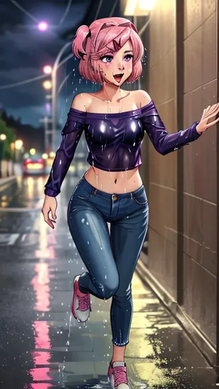 SoakingWetClothes, Masterpiece, mature, adult, highest quality, (ddlcnatsuki, fang, hair ornament, pink hair, (purple eyes:1.1), casual clothes, purple crop top, off shoulder shirt, fishnet sleeves, jeans, accessories, middle of the night, night sky, soaki...