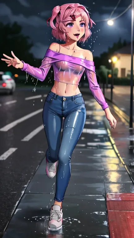 SoakingWetClothes, Masterpiece, mature, adult, highest quality, (ddlcnatsuki, fang, hair ornament, pink hair, (purple eyes:1.1), casual clothes, purple crop top, off shoulder shirt, fishnet sleeves, jeans, accessories, middle of the night, night sky, soaki...