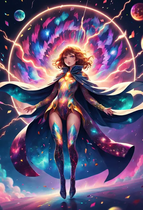 Colorful Confetti,Stunning digital illustrations, Transparent cloak-like creature, Featuring intricate patterns similar to stained glass nebulae, as it weaves in space，Countless legs crackle with cosmic lightning.