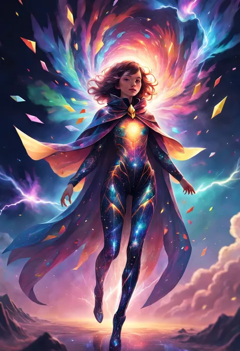 Colorful Confetti,Stunning digital illustrations, Transparent cloak-like creature, Featuring intricate patterns similar to stained glass nebulae, as it weaves in space，Countless legs crackle with cosmic lightning.