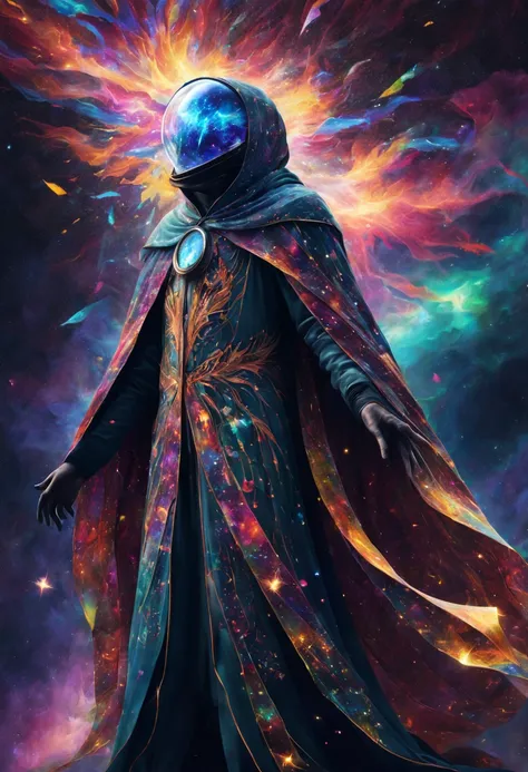 Colorful Confetti,Stunning digital illustrations, Transparent cloak-like creature, Featuring intricate patterns similar to stained glass nebulae, as it weaves in space，Countless legs crackle with cosmic lightning.