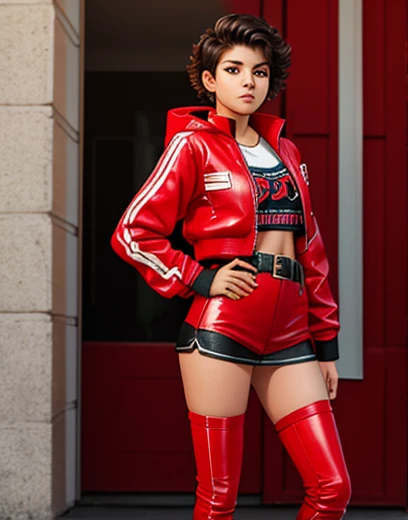 teenager 15 years old. Buen cuerpo. Vestida de falda y botas. Top rojo y chaqueta de cuero rockera sexy.