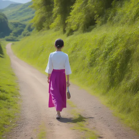 Thai woman, 24 years old,Traditional Thai costume,walking on the road,In the Thai countryside,sunlight