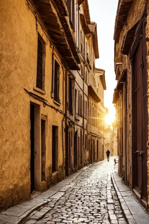 Image of an ancient city with alleys. Best quality. sunlight, People, car 