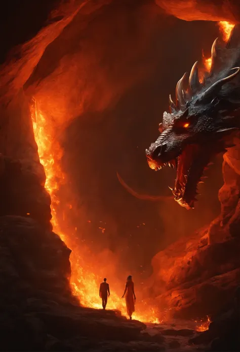 cave, fire, a man engulfed in fire reaches out to a girl, there is a dragon behind