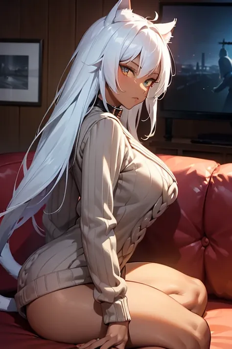 (((SHARP detail perfect face))), big breasts, (nice hips), detailed skin, ((masterpiece)), best quality, (SHARP details), 4k, ((female gladiator)), ((dark skin)), (cat ears), (cat tail), (platinum hair),(slave collar), (((sweater))), amber eyes, looking at...