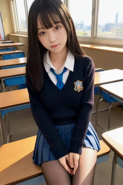 masterpiece, highest quality, ultra high resolution, figure, colorful, flat color, Depth of bounds written, Lens flare, one girl, anime, sitting, black hair, looking at the viewer, School, classroom, pleated mini skirt , school uniform, seraphuk, black pan...