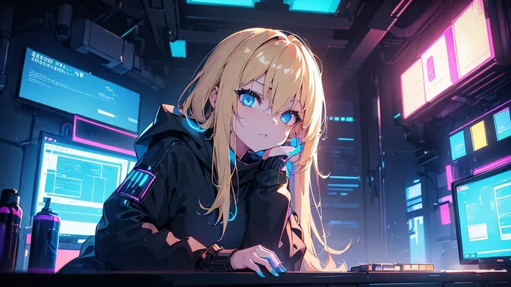 (1girl, blonde hair, blue eyes,, black sweatshirt, black sweatpants, kawaii), (blue cyberpunk room, blue neon, cyberpunk vibe), (8k, extremaly detailed, lighting like a movie, lense flares)