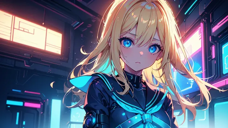 (1girl, blonde hair, blue eyes, sailor suit, kawaii), (blue cyberpunk room, blue neon, cyberpunk vibe), (8k, extremaly detailed, lighting like a movie, lense flares)