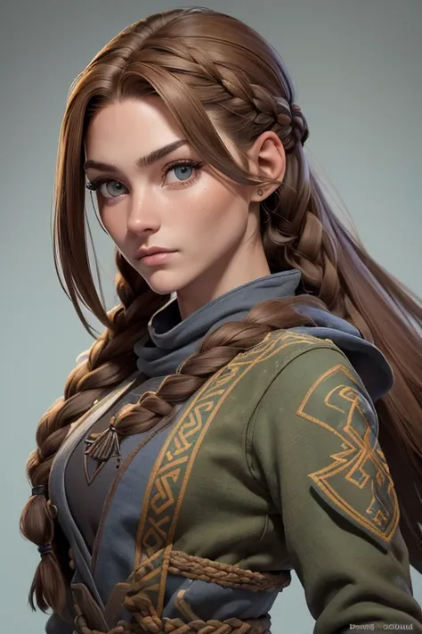 (Obra maestra, La mejor calidad) (young warrior woman of nordic descent), (ojos verdes), (Muscular), (falda de piel), (brown hair color),(loose hair with small braids on the scalp), (top con correa de cuero) plumas, capa sobre el hombro, bufas, (azul, gray...