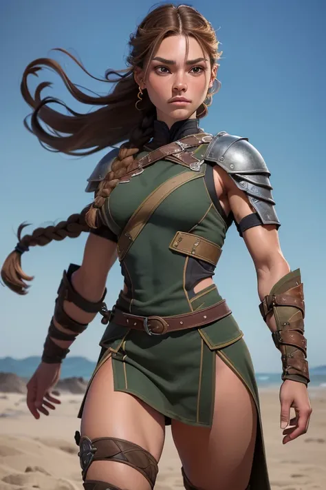 (Obra maestra, La mejor calidad) (young warrior woman of nordic descent), (combat position)  (ojos verdes), (Muscular), (falda de piel), (brown hair color),(loose hair with small braids on the scalp), (top con correa de cuero) plumas, capa sobre el hombro,...