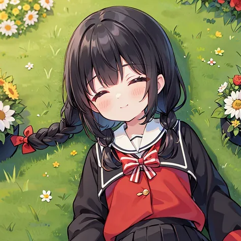 masterpiece, highest quality, Femonica, bun hair, Braid, red bow, black jacket, black skirt, Red pantyhose, Upper body, From above, sleeping on one&#39;s back, Grass, looking at the viewer, tired, smile, garden 