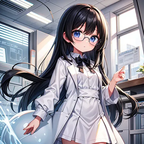 1 girl,long hair,laboratory,white clothes,Expressionless,Scientific experiments,student,smaller breasts,Normal height,black hair,round glasses,