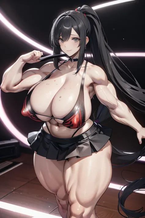 Best quality,8K,ultra high res:1.5),(Pretty very very long ponytail hair tied with red ribbon girl),(Huge breasts:1.20),(very voluptuous body),(very voluptuous thigh),(body builder girl:1.5),(wide muscle:1.8),(light smile),(eyes to camera),(light black hai...