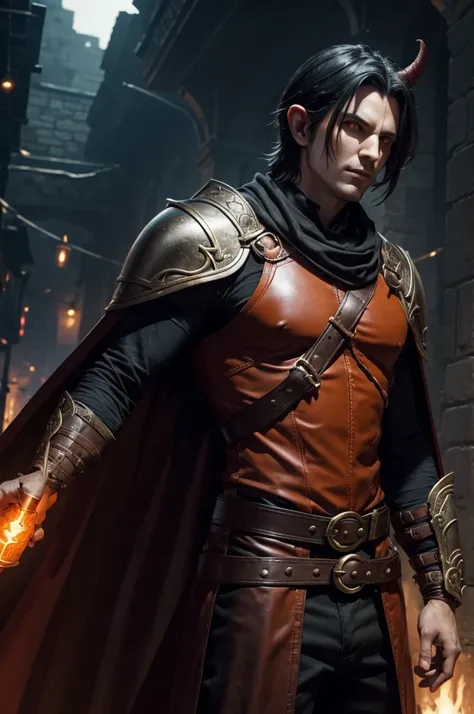 A male Tiefling from D&D about in his late 20s. Wearing light leather armor with a torn banner as a cape. He has bright red skin with demonic orange eyes. He has black hair. He has pouches on a belt he is wearing. He has a light leather chest plate. He als...