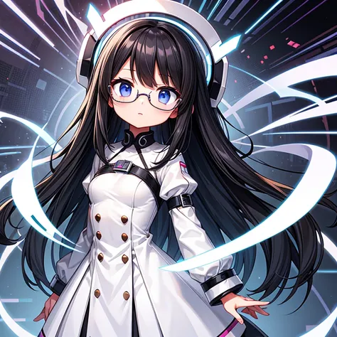 1 girl,long hair,white clothes,Expressionless,Scientific experiments,smaller breasts,Normal height,black hair,round glasses,Cyber Background